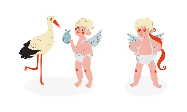 Mignon blond Cupidon garçon avec arc et cigogne vecteur ensemble — Image vectorielle