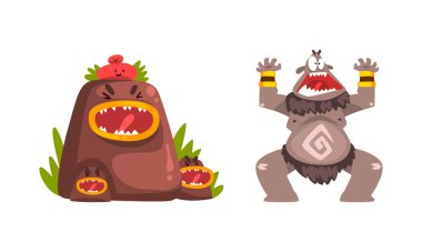 Geniş Dişlek Ağzı Ürkütücü Poz Vektörü Kümesinde Canavar