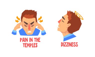 Man Suffering from Severe Headache Holding Fingers Against Temples and Having Dizziness Vector Set clipart