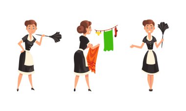 Smiling Maid or Housemaid in Black Dress and White Apron Dusting and Hanging Laundry on Rope Vector Set clipart
