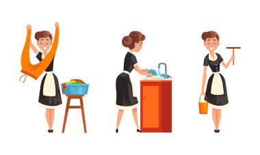 Smiling Maid or Housemaid in Black Dress and White Apron Doing Laundry and Washing the Dishes Vector Set clipart