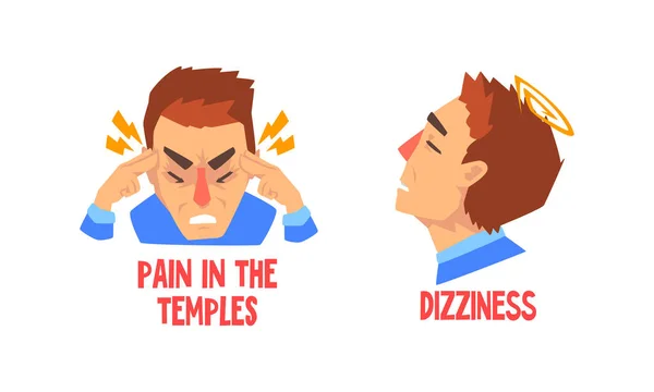 Man Suffering from Severe Headache Holding Fingers Against Temples and Having Dizziness Vector Set — Stock Vector