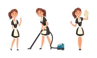 Smiling Maid or Housemaid in Black Dress and White Apron Vacuum Cleaning and Swiping Vector Set clipart