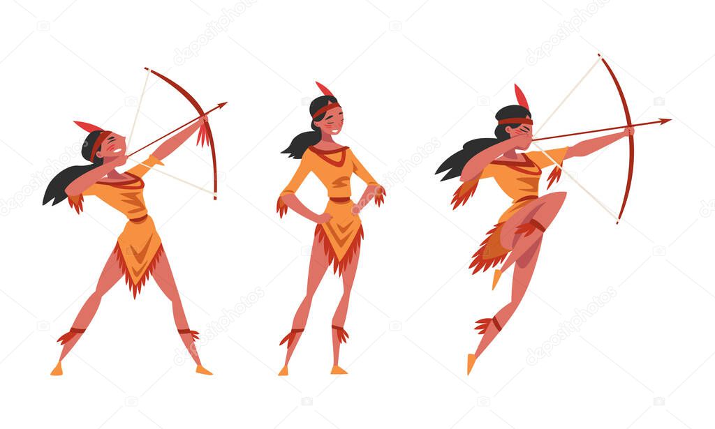 Female as Native American Tribe Member In Traditional Indian Clothing with Bow and Arrow Hunting Vector Set