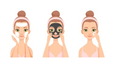 Pembe Saç bandı ile Cilt Vektörüne Maske Uygulayan Genç Kızla Yüz Bakımı Rutini
