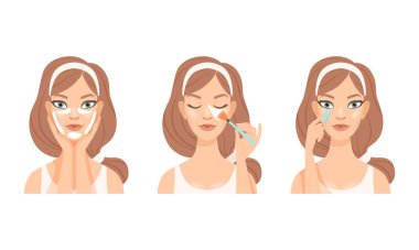 Pembe saç bandı Uygulayan Yamalar ve Masaj Cilt Vektörü Ayarlı Genç Kızla Yüz Bakımı Rutini