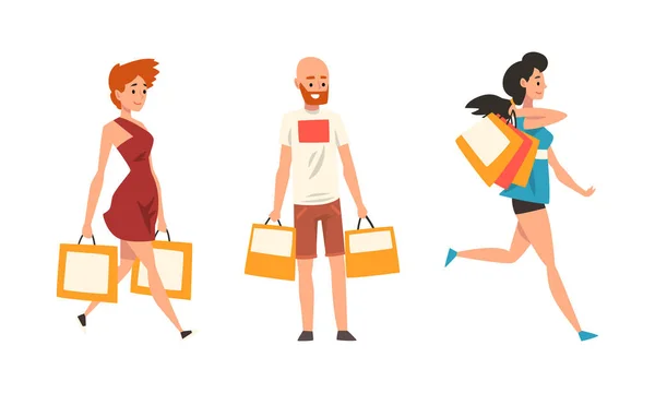 Pessoas Personagem com Sacos de Compras Fazendo Compra no Shopping Vector Set — Vetor de Stock