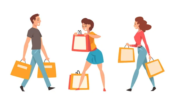 Pessoas Personagem com Sacos de Compras Fazendo Compra no Shopping Vector Set — Vetor de Stock
