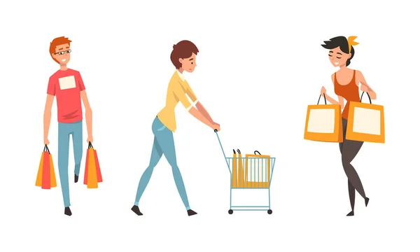 Personaje de la gente con bolsas de compras haciendo compra en el centro comercial conjunto de vectores — Archivo Imágenes Vectoriales
