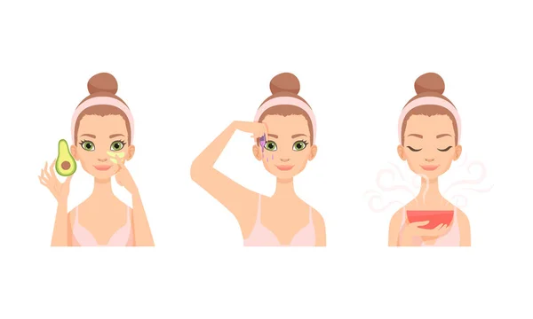 Face Care Routine with Young Girl with Pink Headband Applying Essential Oil on Skin Vector Set — Stock Vector