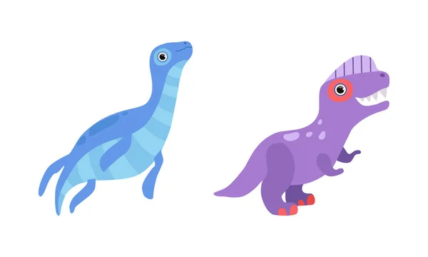 Funny Dinosaur with Flipper and Purple Skin as Cute Prehistoric Creature and Comic Jurassic Predator Vector Set — Stock Vector