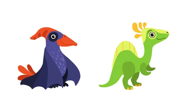 Śmieszny dinozaur z ogonem i Winga jako słodkie prehistoryczne stworzenie i komiczny Jurajski drapieżnik wektor zestaw — Wektor stockowy