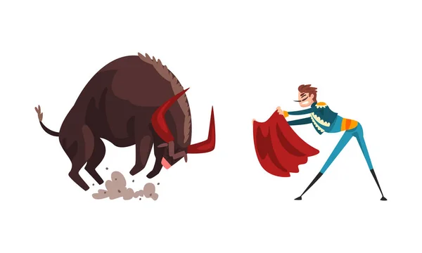 Torero o Matador ondeando capa roja frente al furioso juego de vectores de toros — Archivo Imágenes Vectoriales
