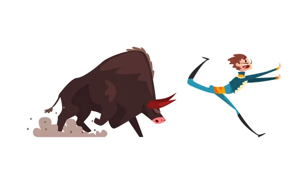 Torero o Matador escapando de furioso juego de vectores de toros — Archivo Imágenes Vectoriales