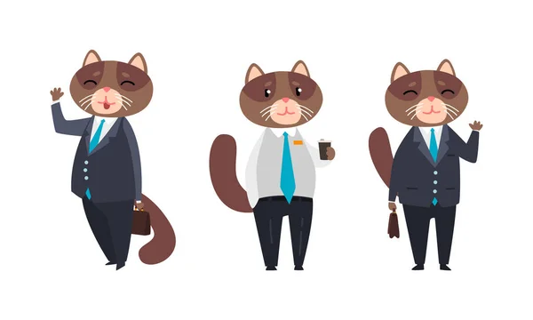 Personaje del hombre de negocios Cat en traje formal y corbata bebiendo café y agitando el conjunto de vectores de pata — Vector de stock