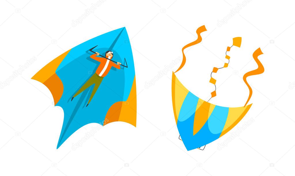Man Paratrooper or Parachutist Paragliding with Winged Paraglider Vector Set