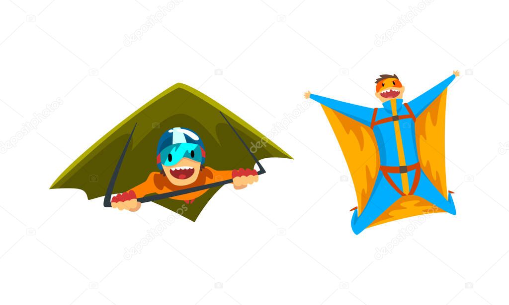 Skydiver Flying with Paraglider and in Wingsuit as Extreme Sport Vector Set