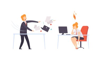 Stresli Adam ve Kadın Yorgunluk ve Yorgunluk Hissediyor Masada Otururken ve Kağıt Vector Seti Atarken