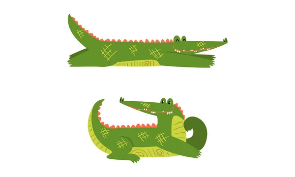 Śmieszny zielony krokodyl z zębaty uśmiech w leżącej Pose wektor zestaw — Wektor stockowy