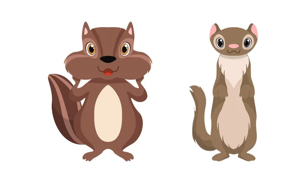 Cute Woodland Animals with Chipmunk and Stoat Vector Set — Image vectorielle