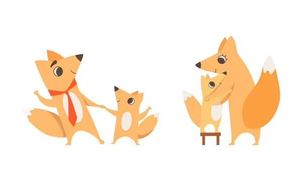 Loving Fox Mom and Dad Character with Its Cub Holding Hand and Embracing Vector Set — 스톡 벡터