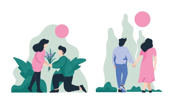 Happy Romantic Couple Walking Holding Hands and Giving Flowers Vector Set — ストックベクタ