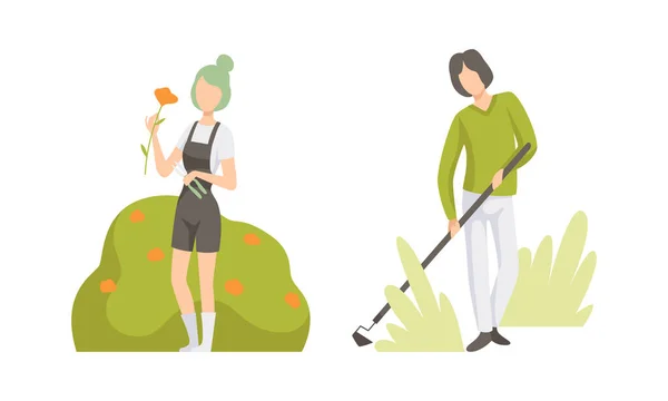 Mujer joven recogiendo flores y hombres con azada comprometidos en la horticultura conjunto de vectores — Vector de stock