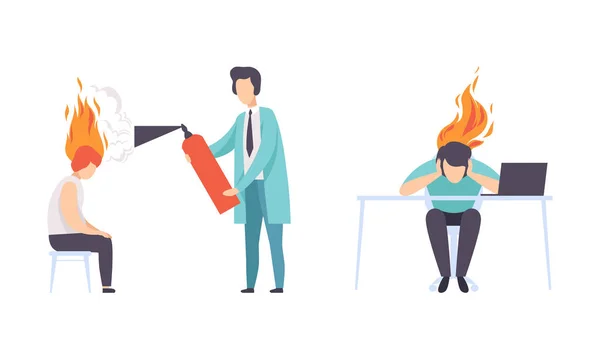 Burn out Stressed Man Feeling Fatigue and Exhaustion Sitting at Table and Extinguishing Fire Vector Set — Stockvektor