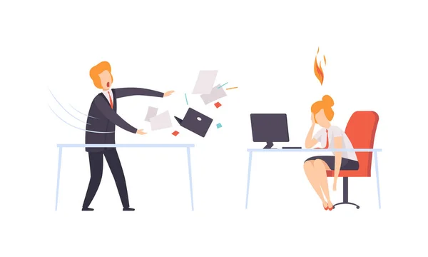 Burn out Stressed Man and Woman Feeling Fatiga and Exhaustion Sitting at Table and Throwing Paper Vector Set — Archivo Imágenes Vectoriales