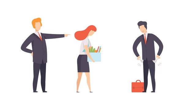 Fired Man and Woman Character Leaving Their Job Place Vector Set — 图库矢量图片