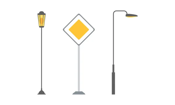 Street Light Post and Traffic or Road Sign as City Landscape Element Vector Set — Stock Vector