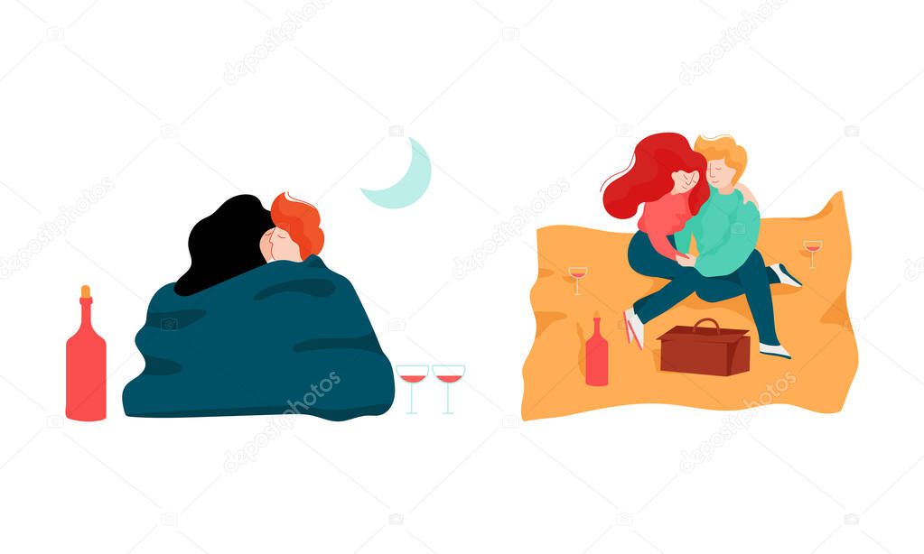 Happy Romantic Couple Embracing Sitting on Sand and Kissing Each Other Vector Set