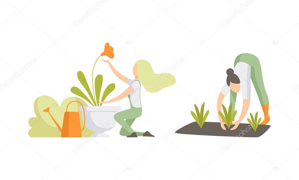 Young Woman Watering Garden Bed and Planting Engaged in Horticulture Vector Set
