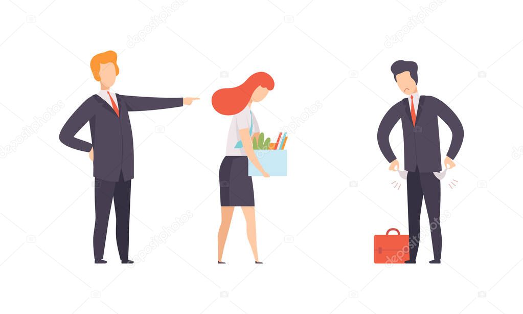 Fired Man and Woman Character Leaving Their Job Place Vector Set