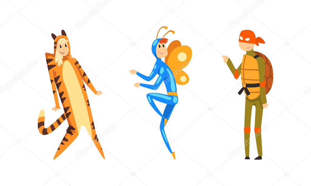 People Character Dressed in Carnival Costume for Masquerade Vector Set