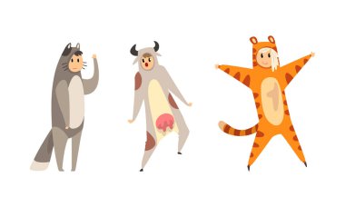 Erkek ve Kadın Tulum Giydi Çeşitli Hayvan Vektörü Seti