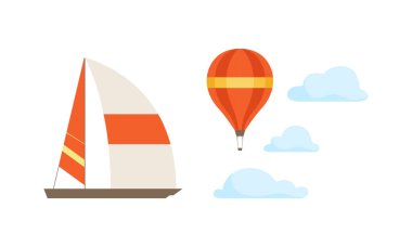Clouds, Hot Air Balloon and Yacht as Landscape Constructor Element Vector Set clipart