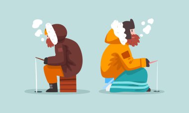 Kışın Ilık Giyinen Adam Donmuş Nehirde Buzda Balıkçılık Ya da Göl Vektörü Seti