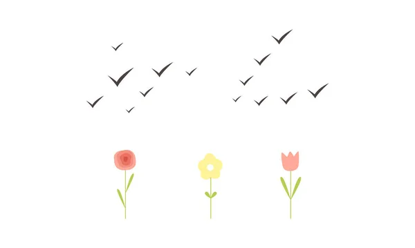 Flock av fåglar som flyger över himlen och blommor som landskapskonstruktör Element Vector Set — Stock vektor