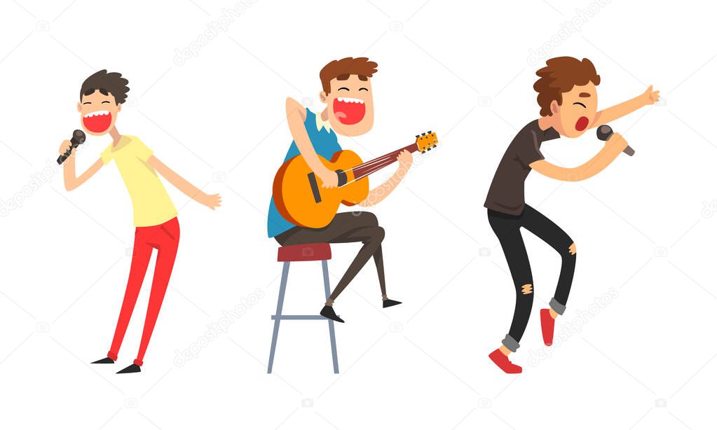 Rock and Pop Singers with Microphone Singing Performing on Stage Vector Set