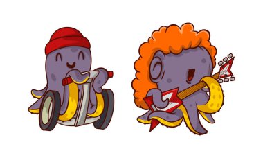 Dokunaçlı Komik Mor Ahtapot Karakteri Elektro Gitar Çalıyor ve Scooter Vector Seti Sürüyor