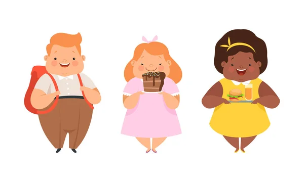 Υπέρβαρα μικρά παιδιά με επιπλέον σωματικό λίπος Overeating Ανθυγιεινό σετ διανυσματικών τροφών — Διανυσματικό Αρχείο