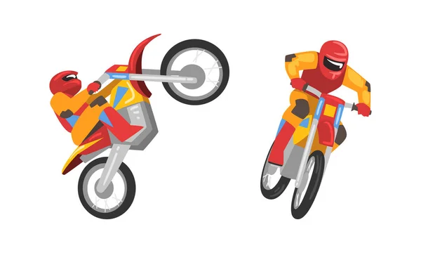 Freestyle Motocross z motocyklista Wykonywanie skoki i Stunt Vector zestaw — Wektor stockowy