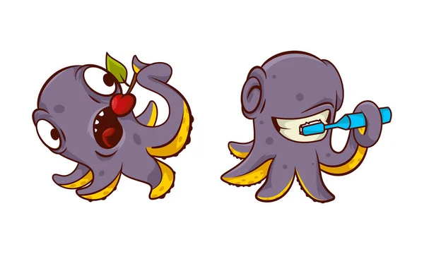 Personaje divertido pulpo púrpura con tentáculos cepillarse los dientes y comer conjunto de vectores de cereza — Vector de stock
