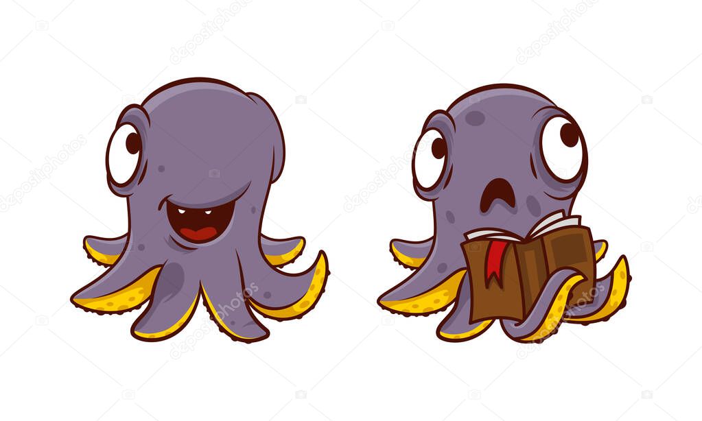 Funny Purple Octopus Character with Tentacles Reading Book and Smiling Vector Set