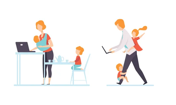 Man and Woman Parent Working from Home and Nursing Children Combining Job and Family Duty Vector Set — Stock Vector