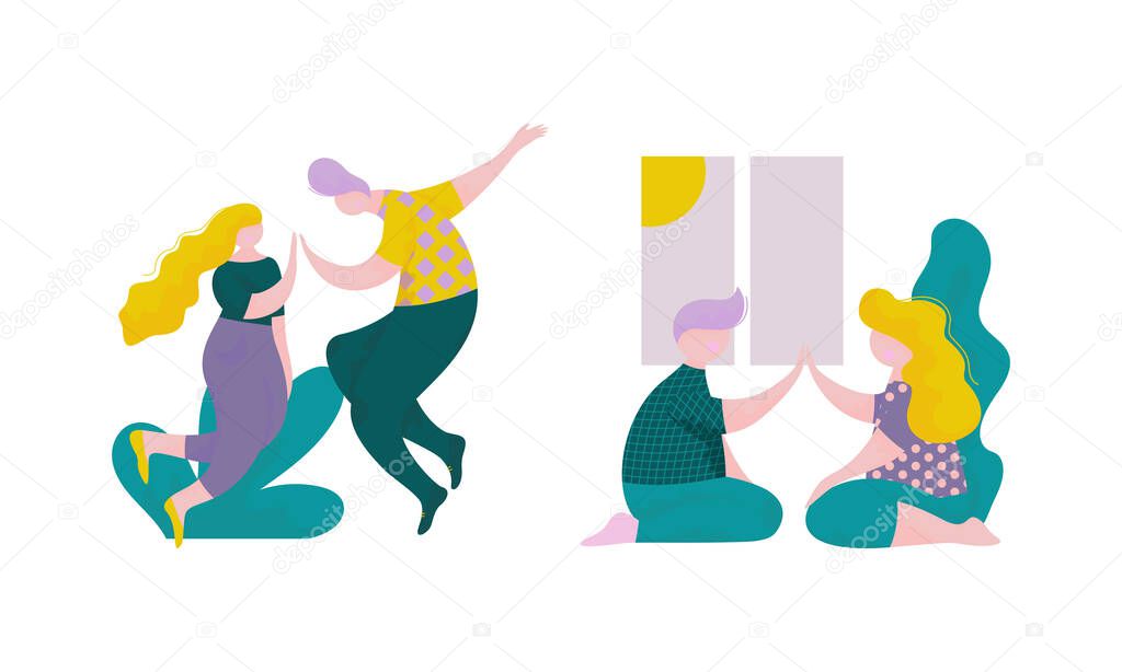 People Character Giving High Five Interacting with Each Other Vector Set