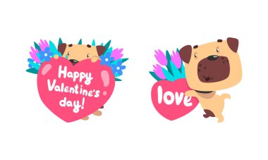 Çiçek buketli komik pug dog ve Valentine Kalp Vektörü seti