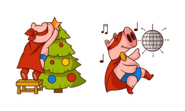Pink Pig in Red Superhero Cloak and Mask Decorating Christmas Tree and Disco Dancing Vector Set clipart
