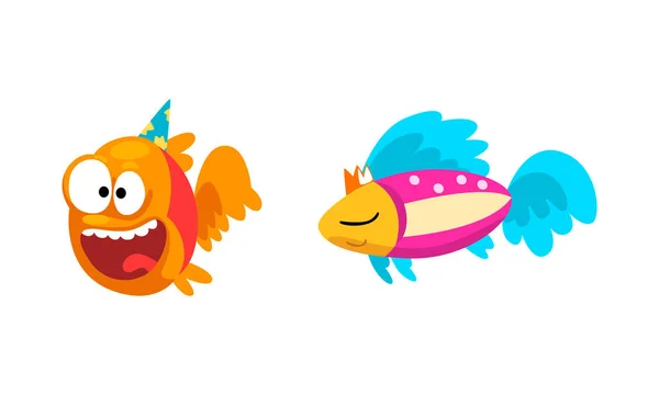 Funny Fish Character in Birthday Hat Floating Celebrating Holiday Vector Set — Stockový vektor